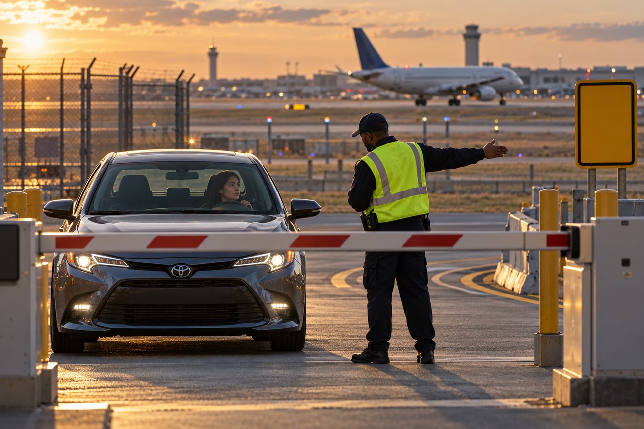 An airport security guard in a high-vis vest gestures next to a Toyota Corolla near the runway