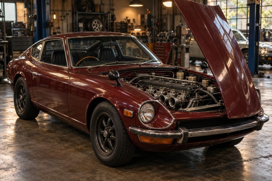 Maroon Nissan Fairlady Z432 classic sports car with an open hood revealing its S20 engine inside a vintage garage
