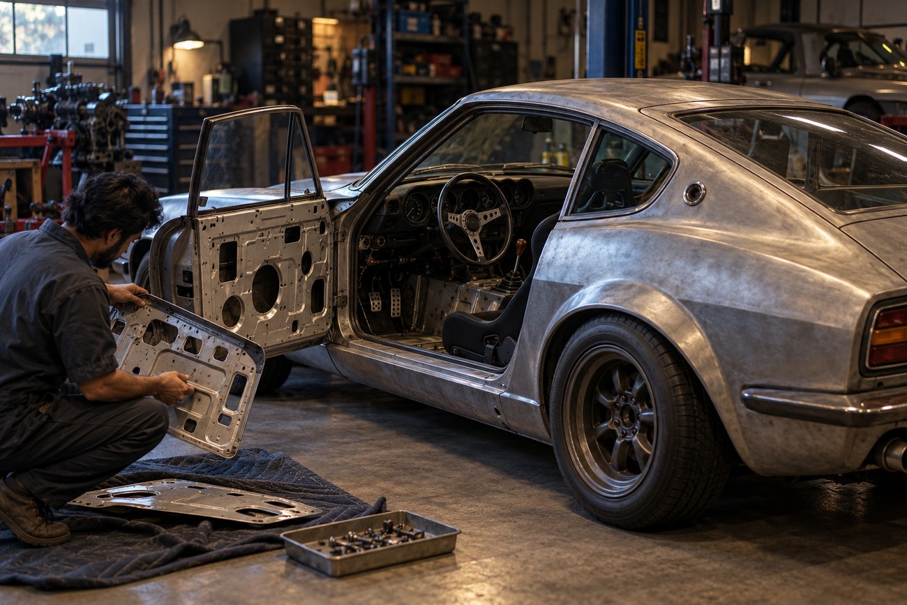 Mechanic installing a metal door panel on a classic Nissan Fairlady Z in a workshop