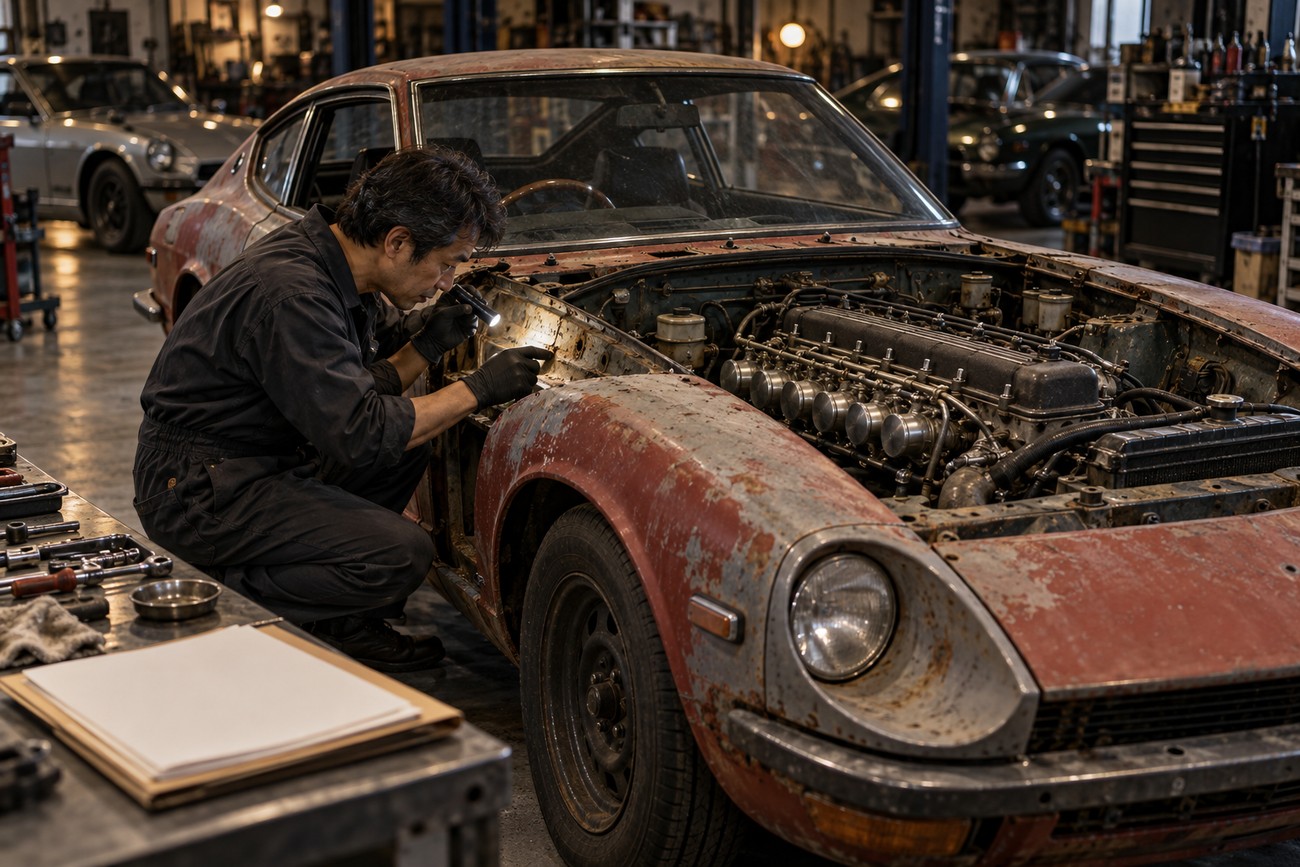 A mechanic in black overalls inspects the engine bay of a rusty classic Nissan Fairlady Z432 with a flashlight inside a vintage workshop