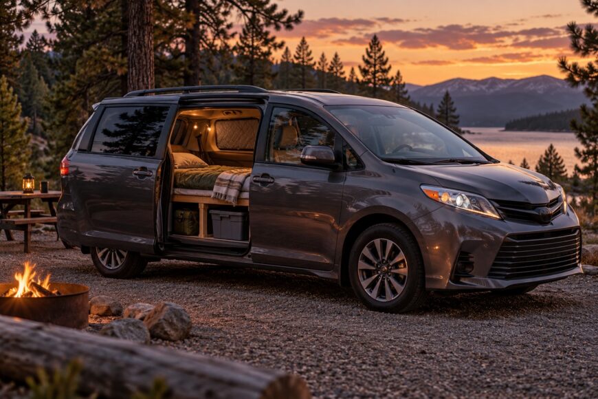 A gray Toyota Sienna camper van with an open side door revealing a cozy bed setup parked near a lake at sunset with a campfire in the foreground
