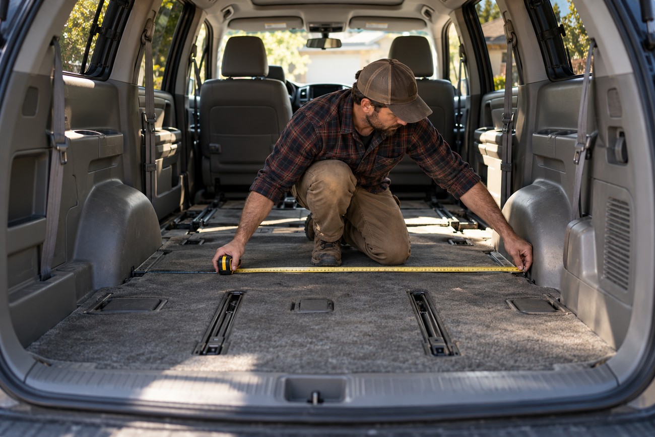 A man wearing a plaid shirt and cap kneels inside the empty interior of a Toyota Sienna measuring the floor with a tape measure