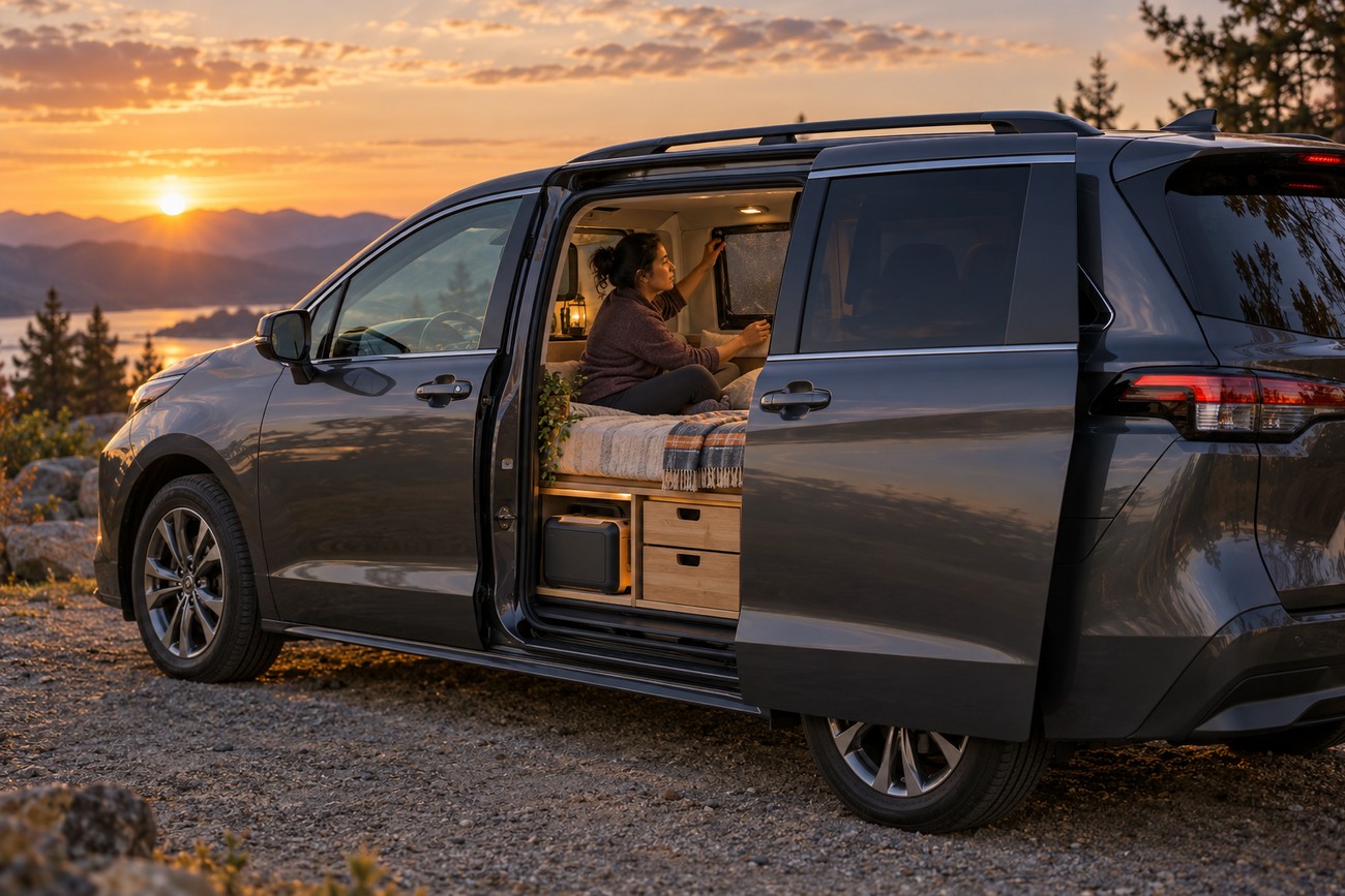 A woman sitting on a cozy bed inside a converted Toyota Sienna camper van parked overlooking a scenic sunset landscape