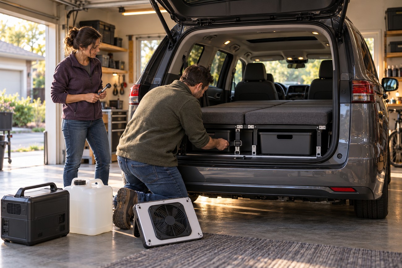 A man and a woman installing a camper conversion kit with storage and a bed inside the back of a Toyota Sienna minivan in a garage