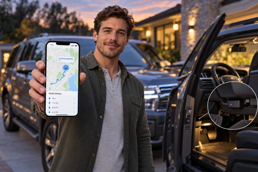 A smiling man shows a smartphone with a car tracking map app next to his SUV with an inset showing a GPS tracker plugged under the dashboard