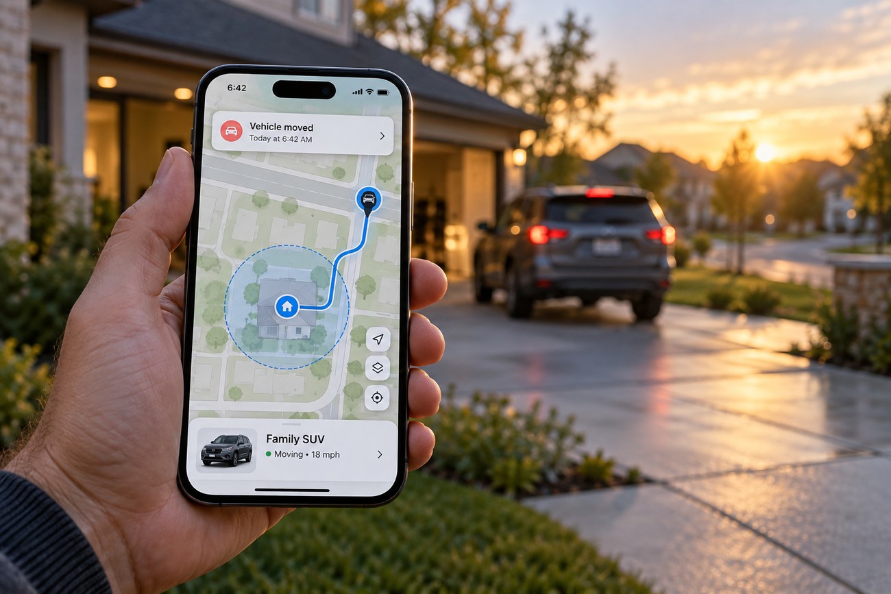 Person holding a smartphone displaying a GPS vehicle tracking app with a car backing out of a driveway at sunset