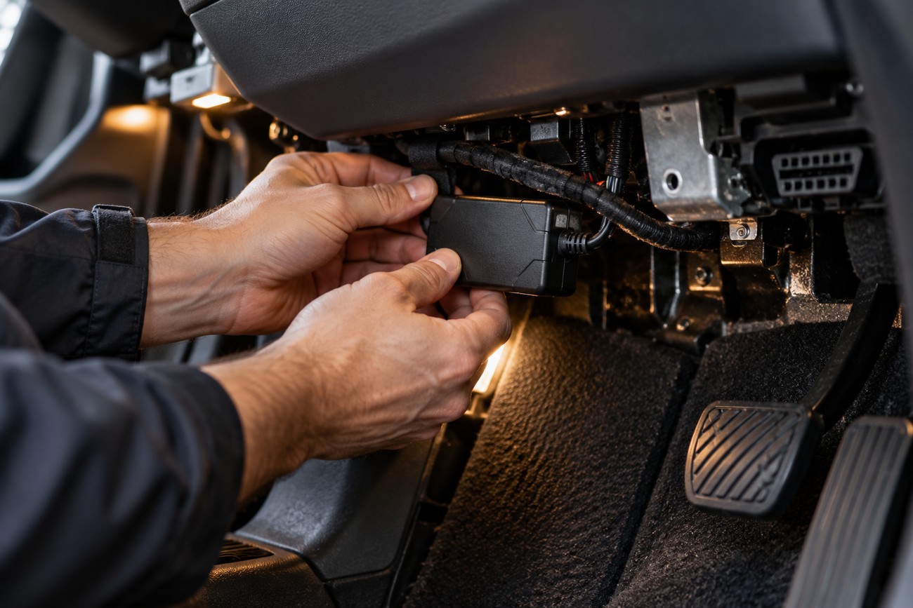 A mechanic installing a black GPS tracker device underneath the car dashboard near the pedals