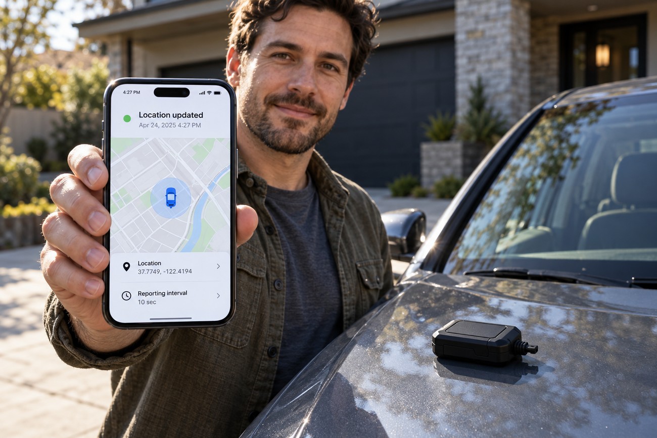 A smiling man holding a smartphone showing a vehicle location map next to his car with a GPS tracker on the hood