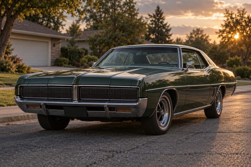A classic dark green 1969 Mercury Marauder parked on a suburban asphalt street during a golden sunset