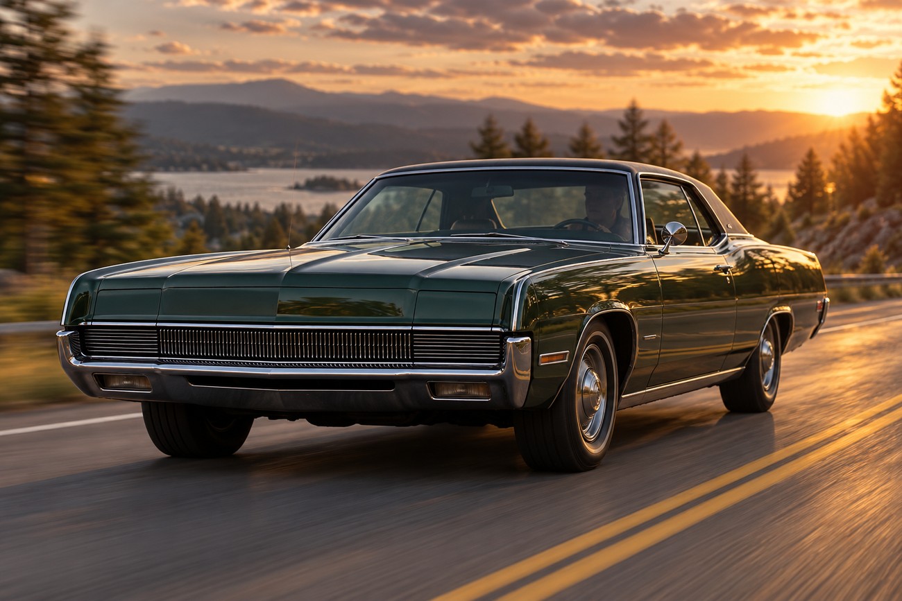 Dark green 1969 Mercury Marauder driving on an asphalt road alongside a lake during a sunset