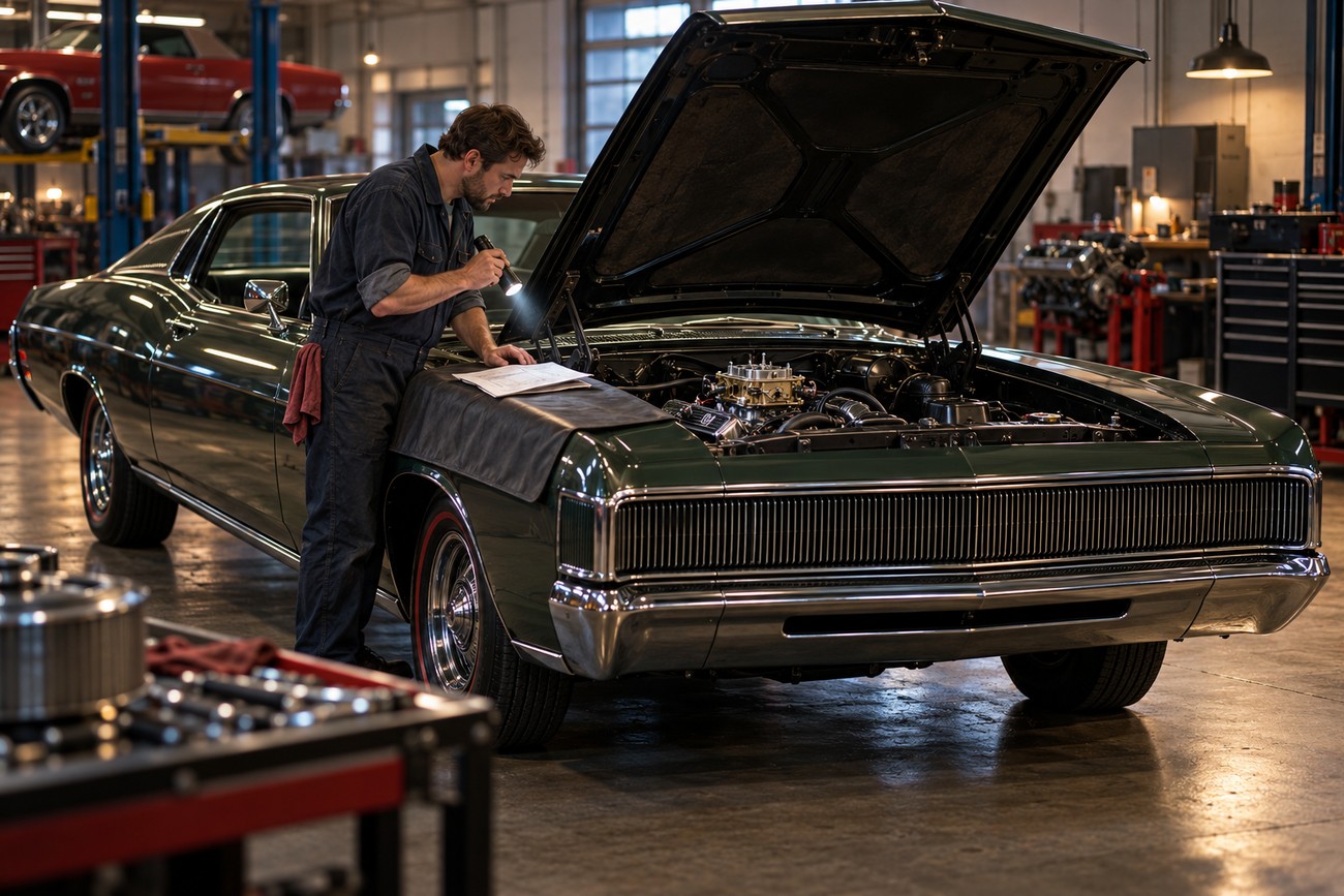 A mechanic in overalls inspects the open engine bay of a dark green 1969 Mercury Marauder with a flashlight inside a garage
