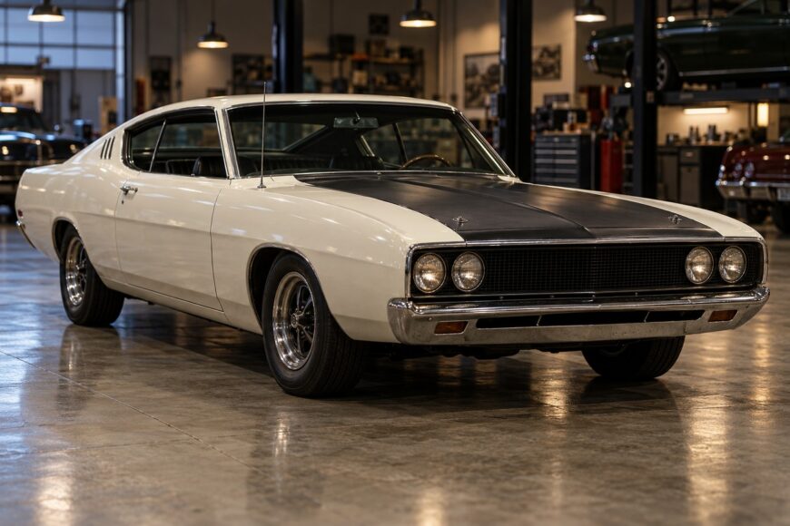 Classic white Ford Torino Talladega fastback with a black hood parked on a glossy concrete floor inside a garage