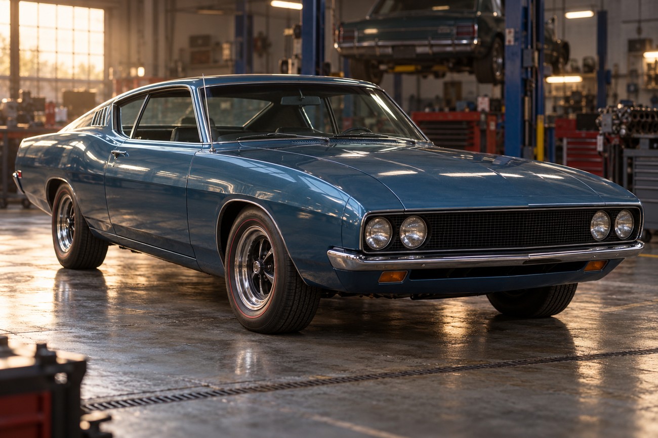 Classic blue Ford Torino Talladega fastback parked on the concrete floor inside a vintage auto repair shop