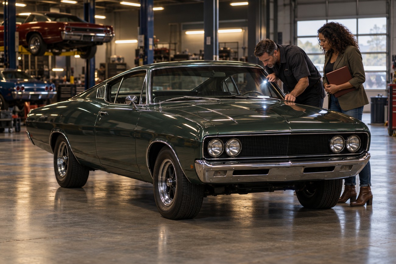 A mechanic uses a flashlight to inspect a classic dark green Ford Torino Talladega fastback while a woman holds a folder in a brightly lit automotive workshop