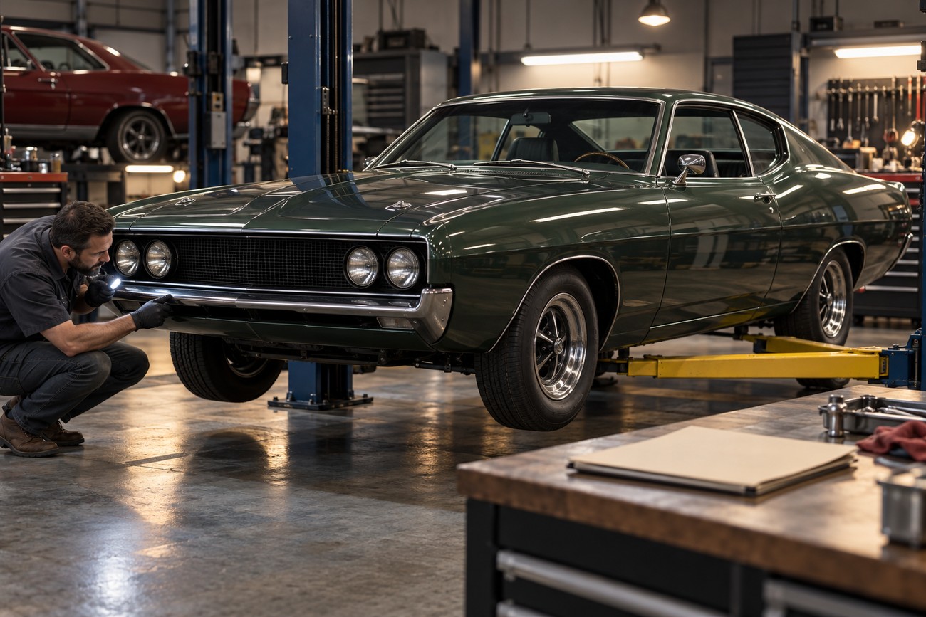 A mechanic with a flashlight inspects the front bumper of a dark green Ford Torino Talladega fastback raised on a car lift in a workshop