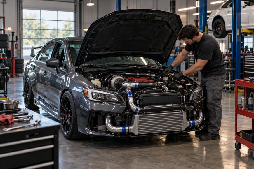 A mechanic in a garage working on the customized engine bay of a grey performance sedan with an upgraded intercooler