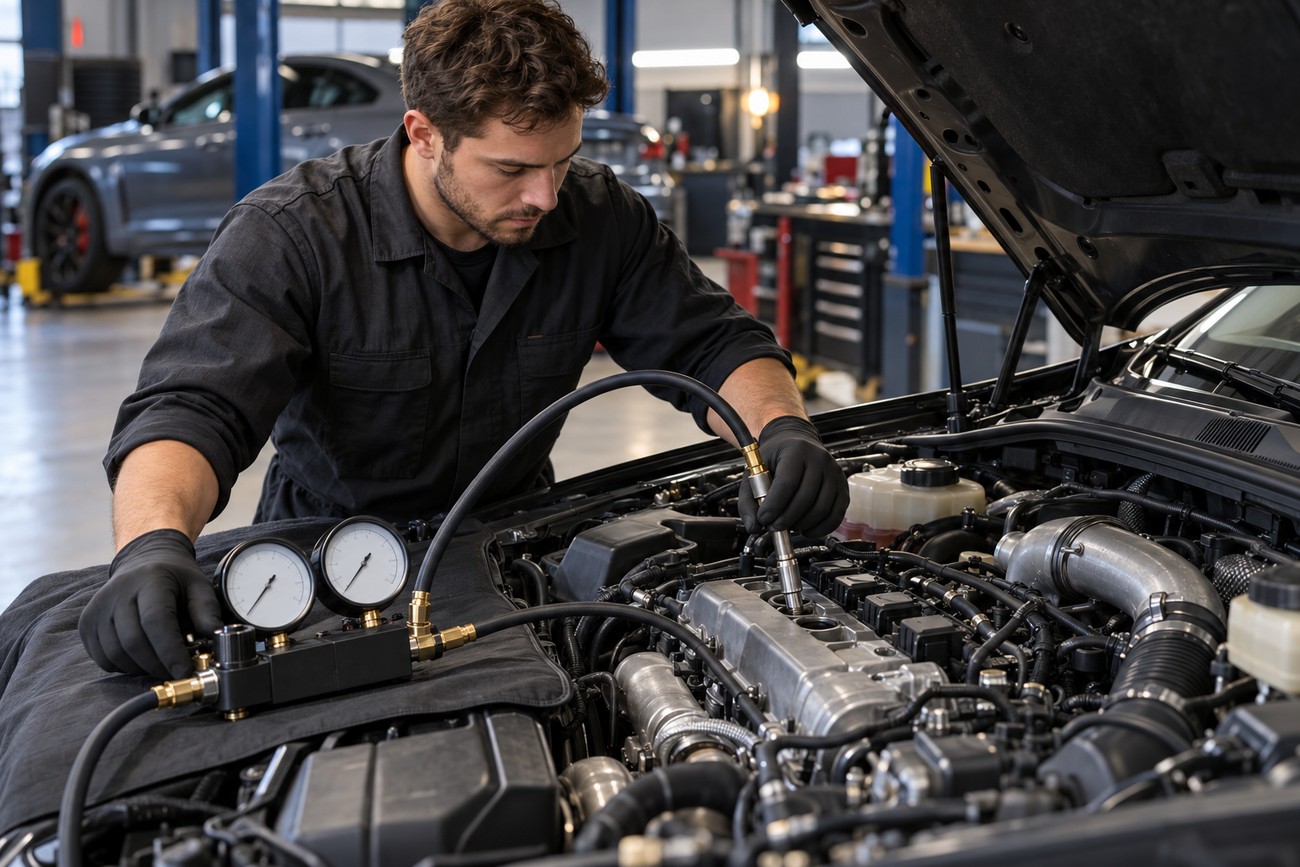 A mechanic in black overalls and gloves uses a compression tester with gauges on a car engine in a professional workshop