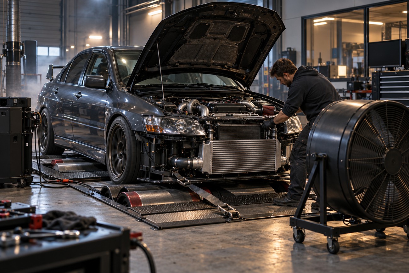 Mechanic adjusting a tuned car with an open hood secured on a chassis dynamometer in a workshop