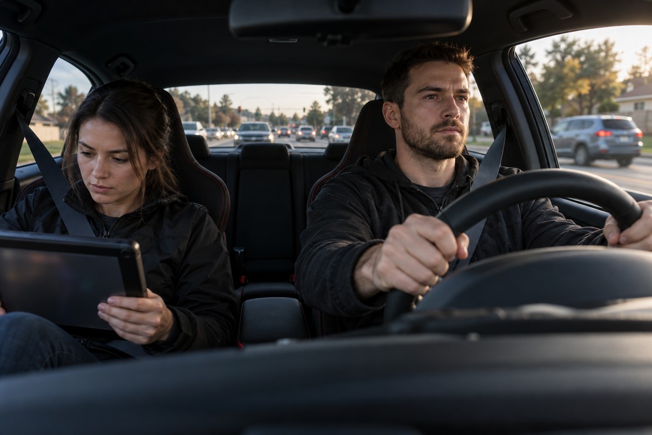 Man focused on driving a tuned daily car while a woman in the passenger seat checks engine telemetry on a digital tablet
