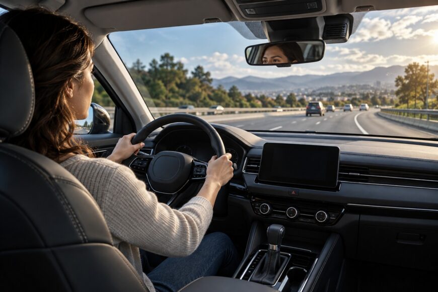 A woman driving a Honda HR-V on a sunny highway while holding the steering wheel
