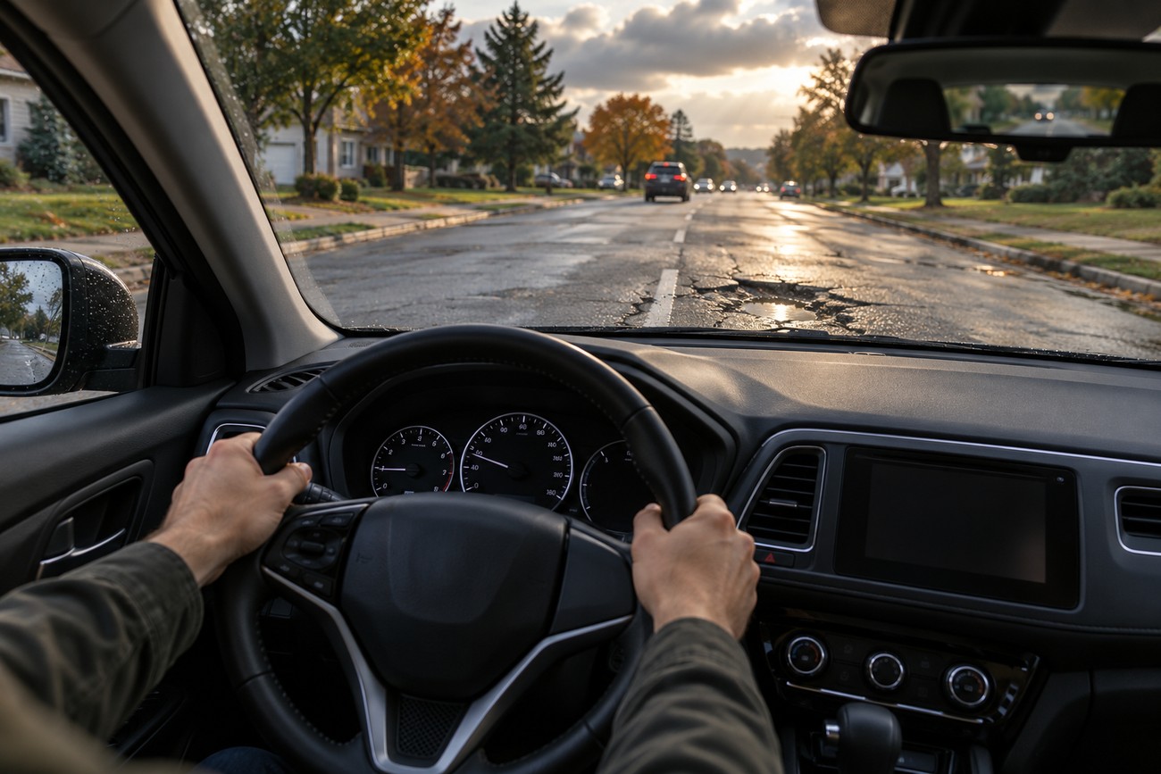 Driver holding the steering wheel from the inside view of a Honda HR-V driving on a wet suburban road with potholes