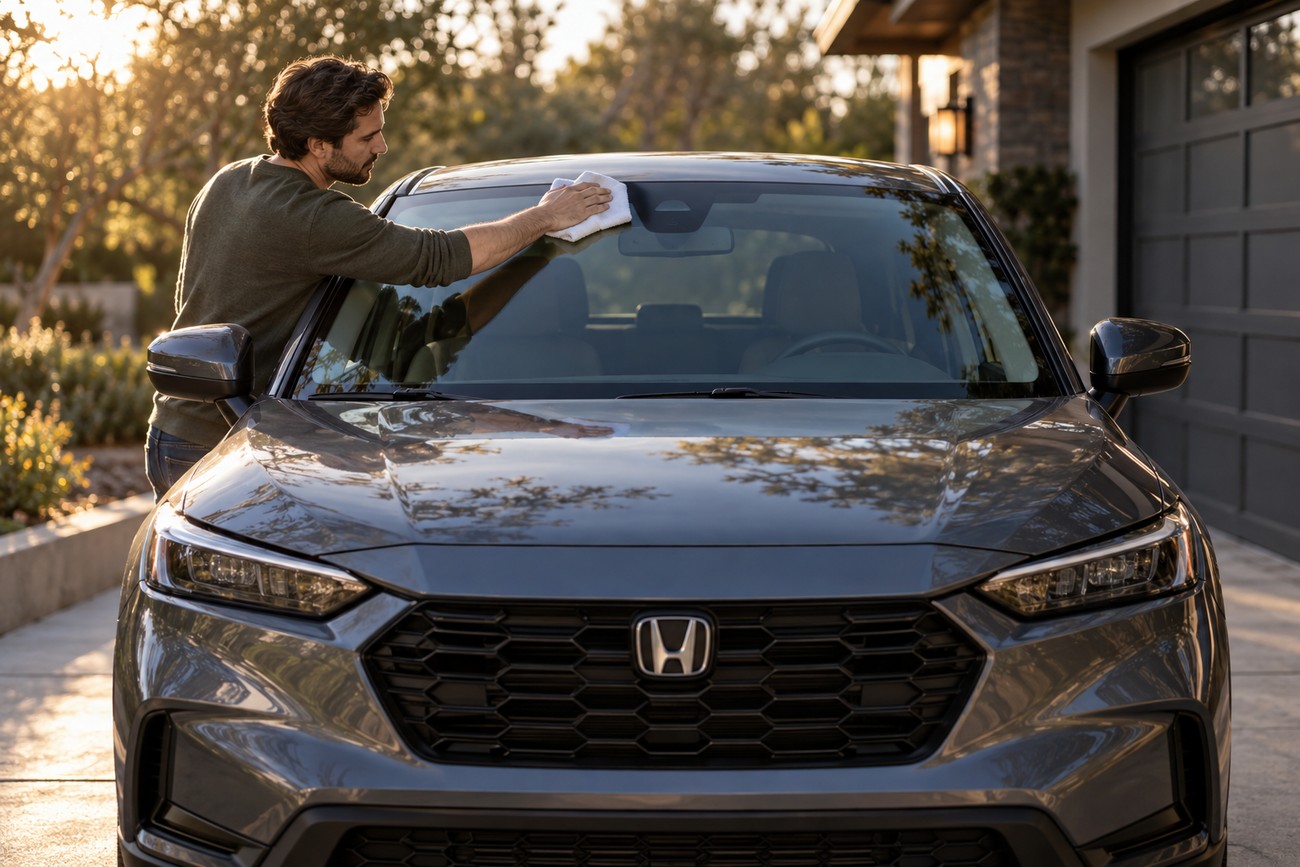 A man wiping the front windshield of a gray Honda HR-V near the rearview mirror camera sensor