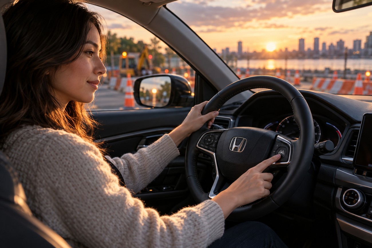 A woman driving a Honda HR-V presses the lane keep assist button on the steering wheel during sunset near road construction