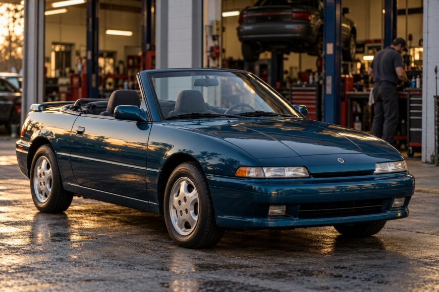 A dark teal Mercury Capri XR2 convertible parked outside a garage with a mechanic working in the background