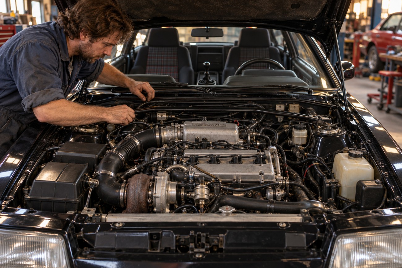 A mechanic leaning over the open hood of a black Mercury Capri XR2 to inspect the turbocharged engine