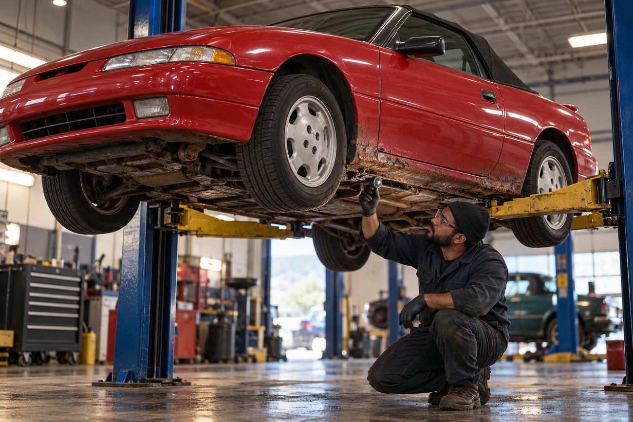 Mechanic with a flashlight inspecting the rusty undercarriage of a red Mercury Capri XR2 convertible on a lift