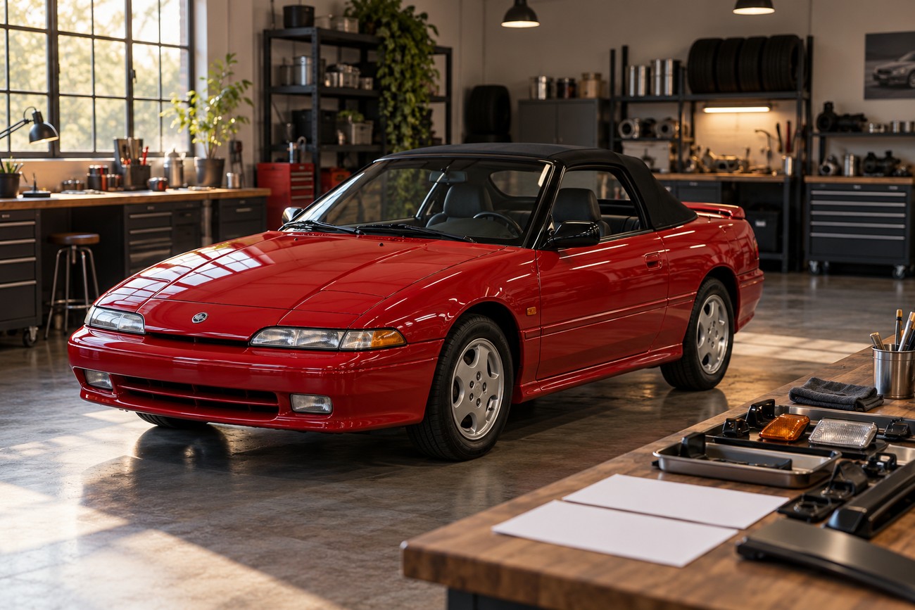 A red Mercury Capri XR2 convertible parked inside a bright workshop with car parts on a workbench in the foreground