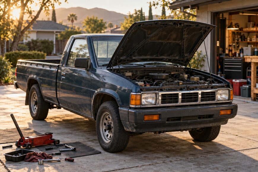 A classic blue Nissan Hardbody pickup truck with an open hood parked in a driveway with automotive tools nearby during sunset