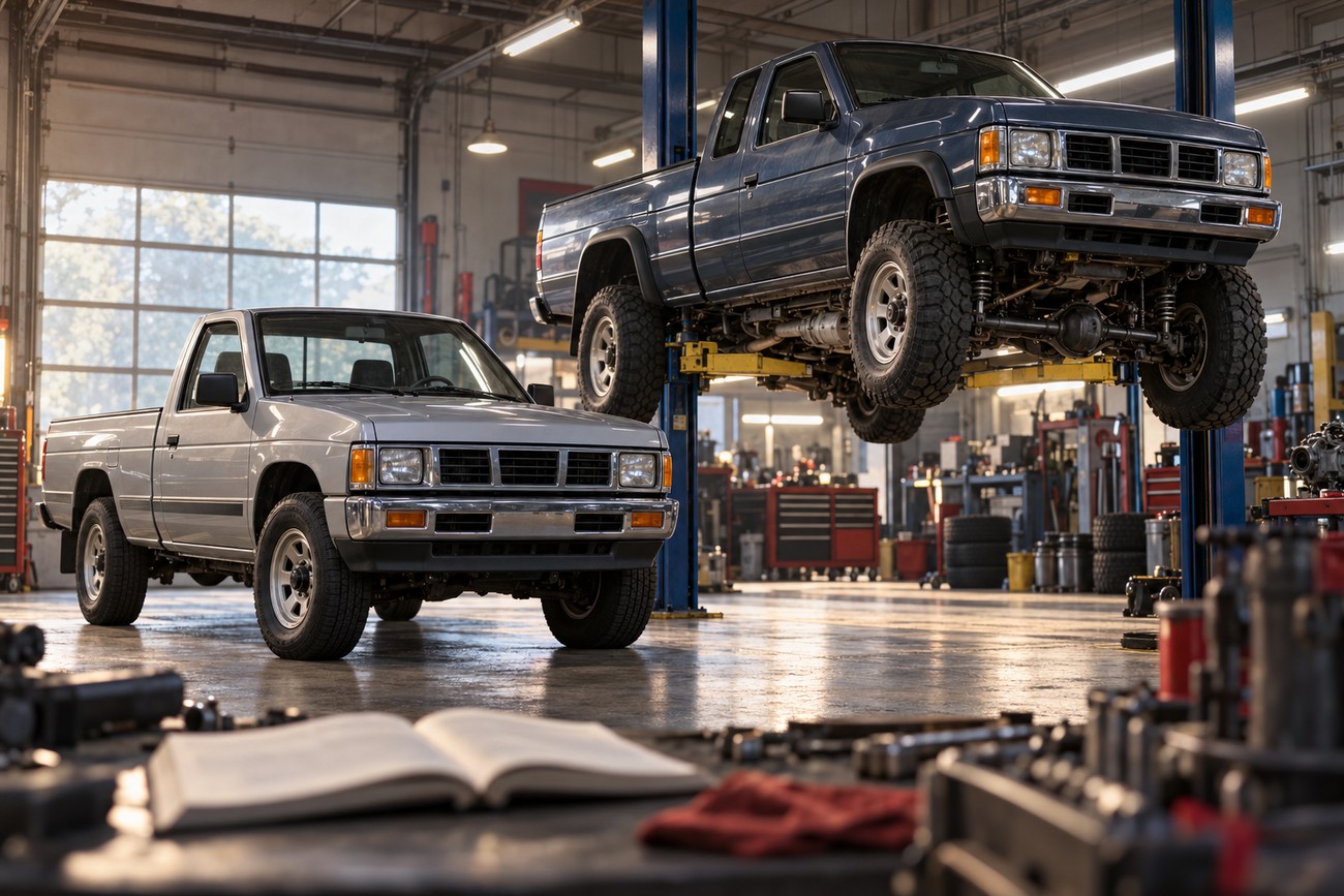A silver Nissan Hardbody pickup truck parked on the garage floor while a dark blue one is lifted on a hydraulic hoist in a repair shop
