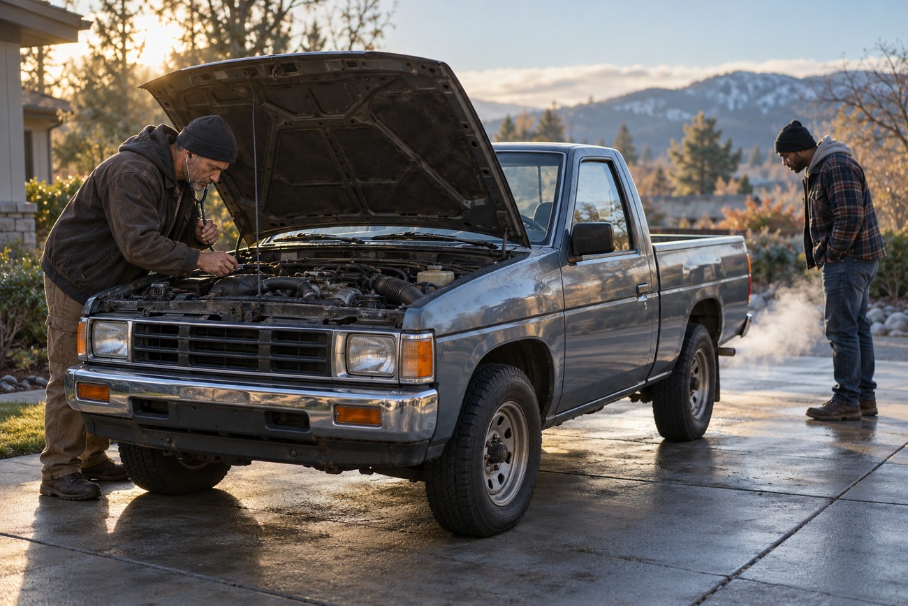 A mechanic listening to a Nissan Hardbody truck engine with a stethoscope while another person stands nearby