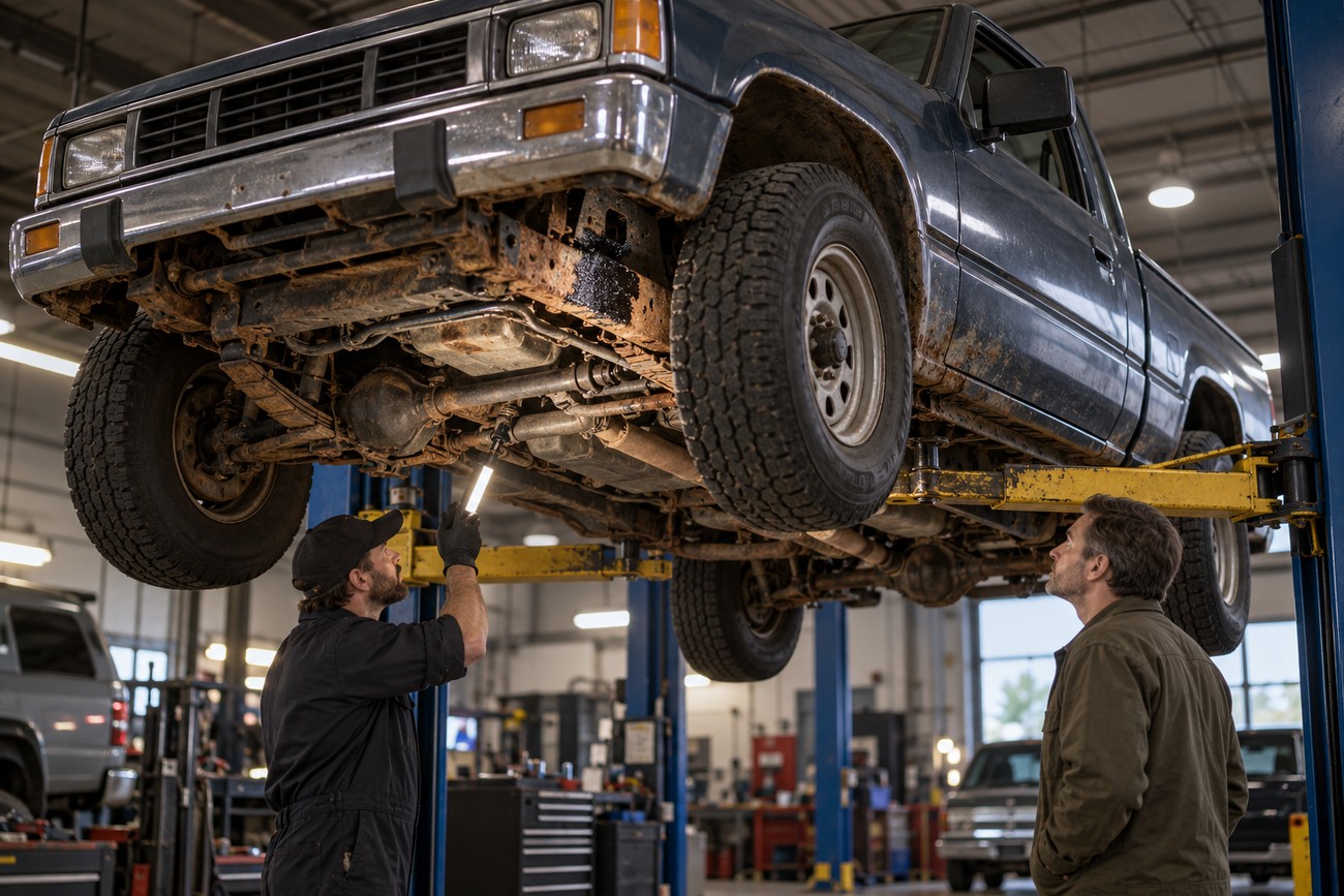 Mechanic with a flashlight and a customer inspecting the rusty underbody of a lifted Nissan Hardbody truck inside an auto repair shop