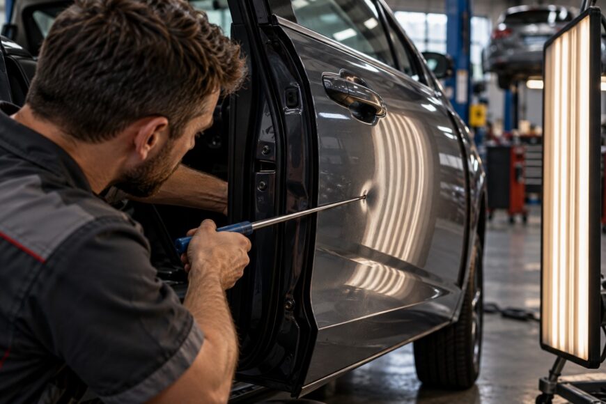 A mechanic uses a metal rod tool to push out a dent on a dark car door using a reflection line board