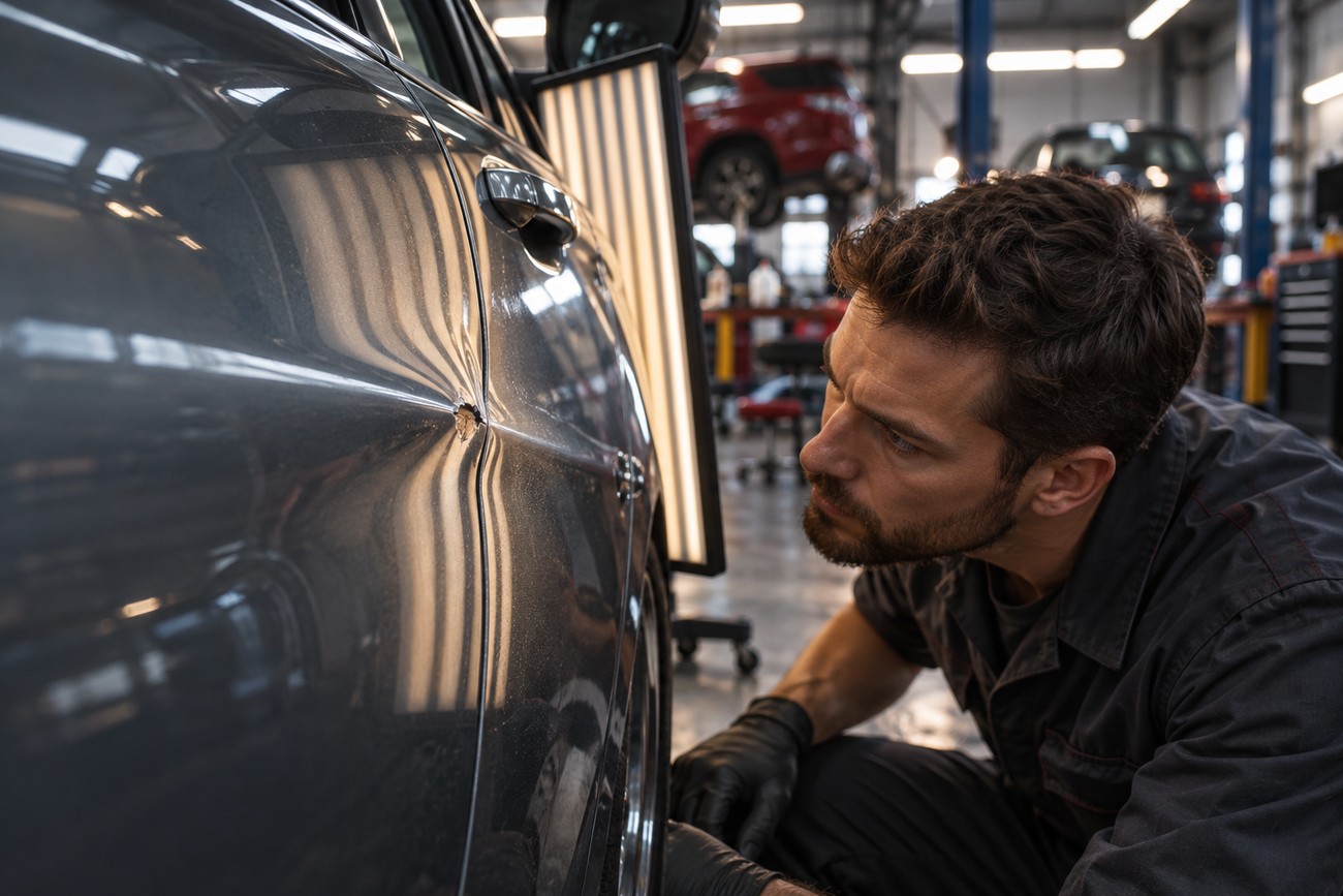 Mechanic in a workshop inspecting a door dent on a car using a PDR alignment board