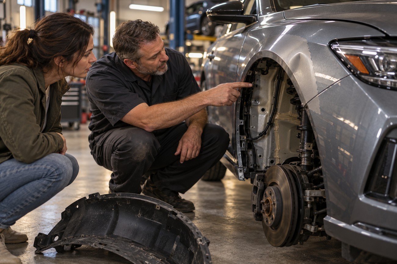 A mechanic pointing at the inner structure of a disassembled car fender while explaining damage to a customer in a repair shop