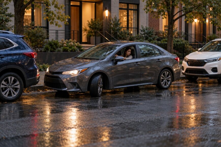 Female driver carefully maneuvering a gray sedan into a tight parallel parking space on a wet city street