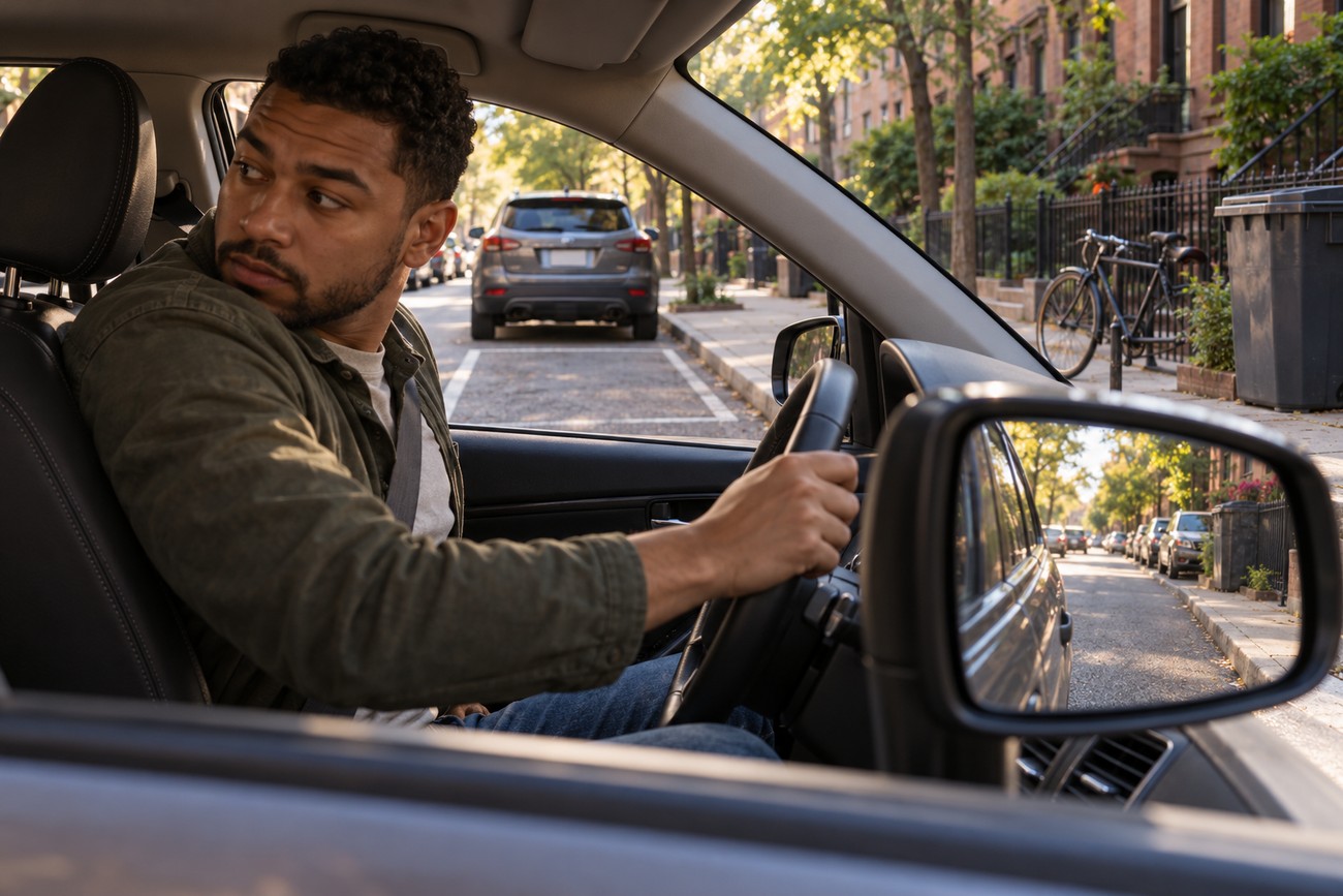 A concentrated male driver looking backward over his shoulder while maneuvering a car into a parallel parking spot on a sunny street