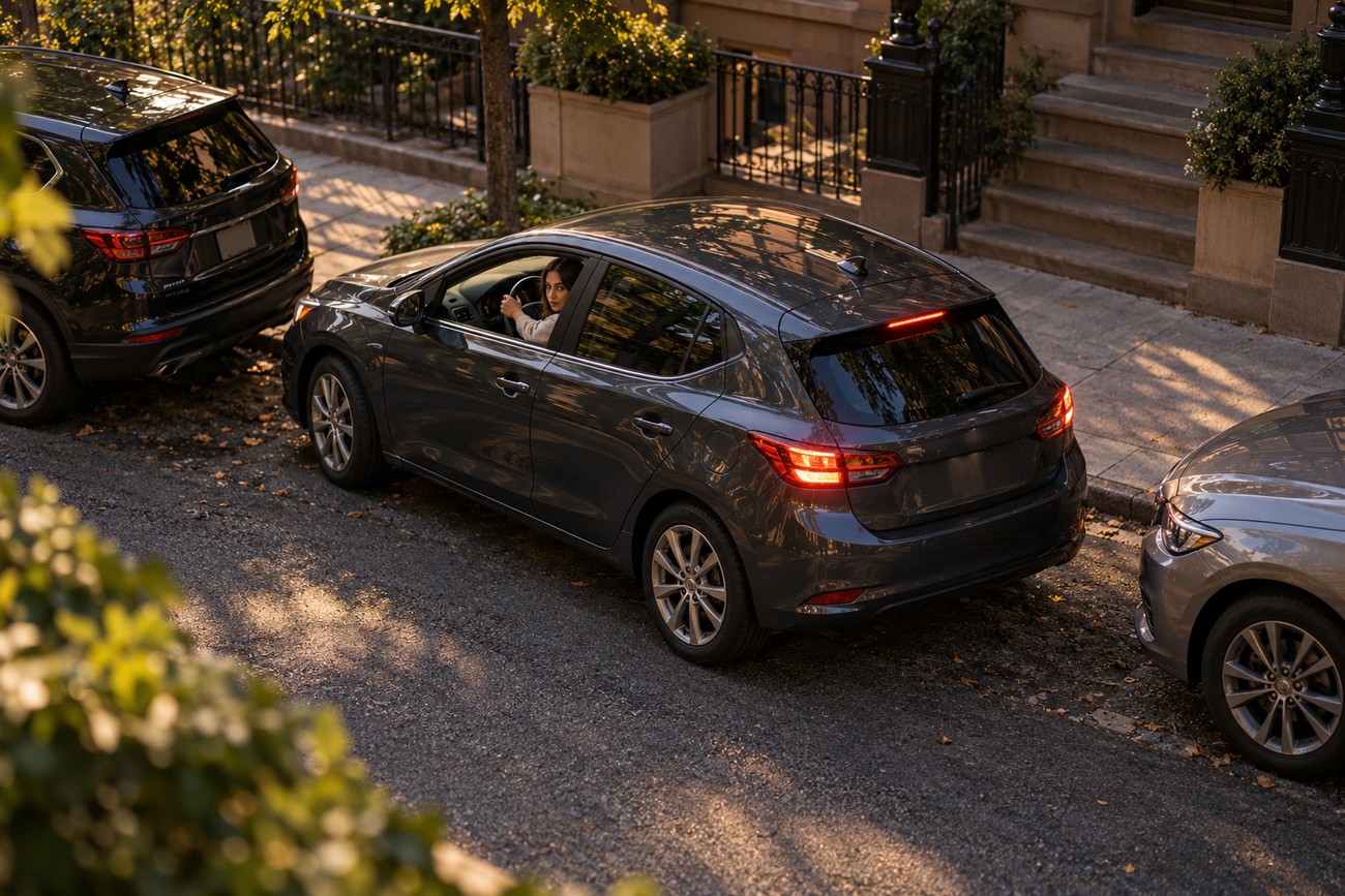 A woman driving a dark gray hatchback while parallel parking between two vehicles on a city street