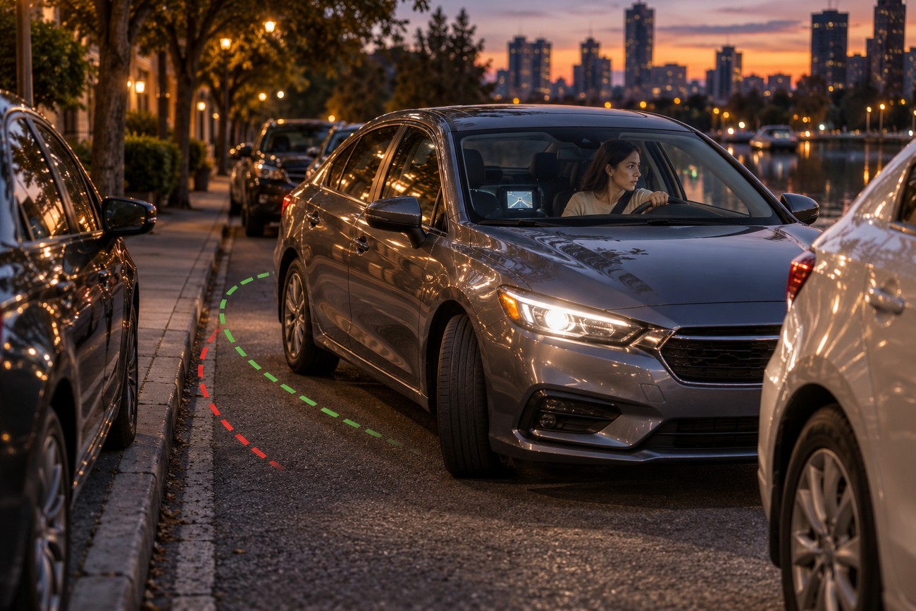 A woman driving a grey sedan while performing parallel parking on a city street at sunset