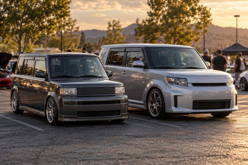 Two customized first-generation Scion xB box cars parked together in a lot during golden hour sunset light