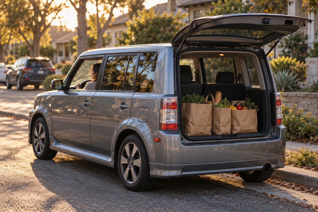 Gray first-generation Scion xB parked on a suburban street with the rear hatch open showing grocery bags in the trunk and a driver sitting inside