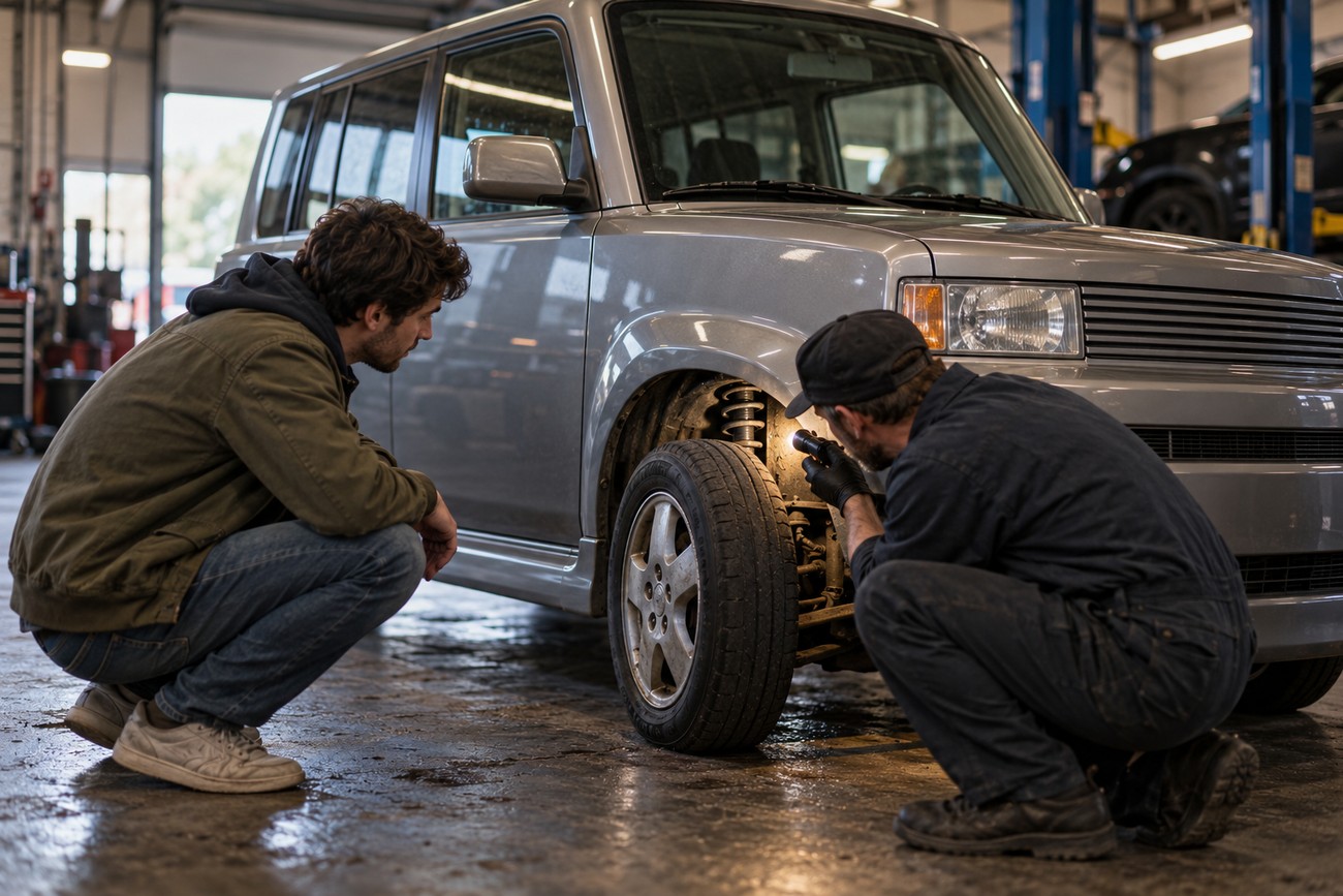 Mechanic with a flashlight and a man crouching to inspect the front wheel suspension of a silver Scion xB in a garage