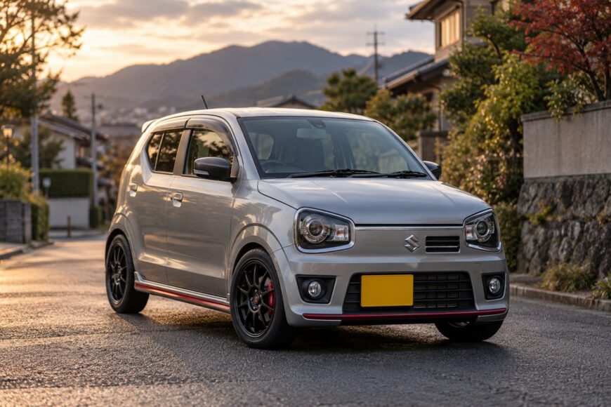 Silver Suzuki Alto Works kei car parked on a narrow residential street during sunset with mountains in the background