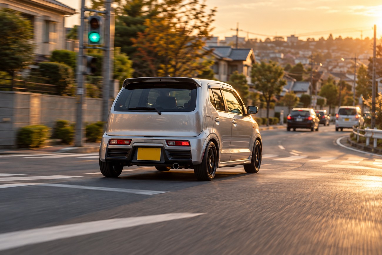 A silver Suzuki Alto Works kei car driving on a suburban Japanese street during sunset
