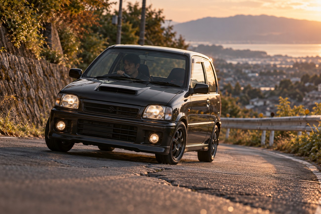 A black Suzuki Alto Works kei car driving on a scenic winding mountain road at sunset