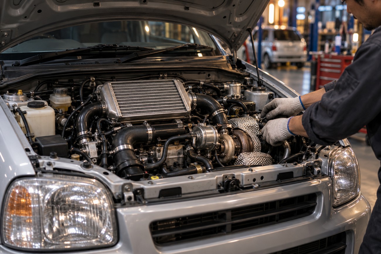 Mechanic wearing gloves working on the turbocharged engine bay of a silver Suzuki Alto Works in a garage