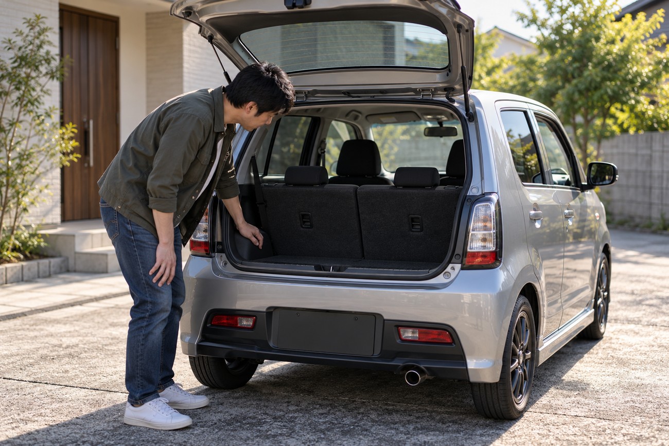 A man in a green shirt and jeans looking into the open trunk of a silver Suzuki Alto Works parked outdoors